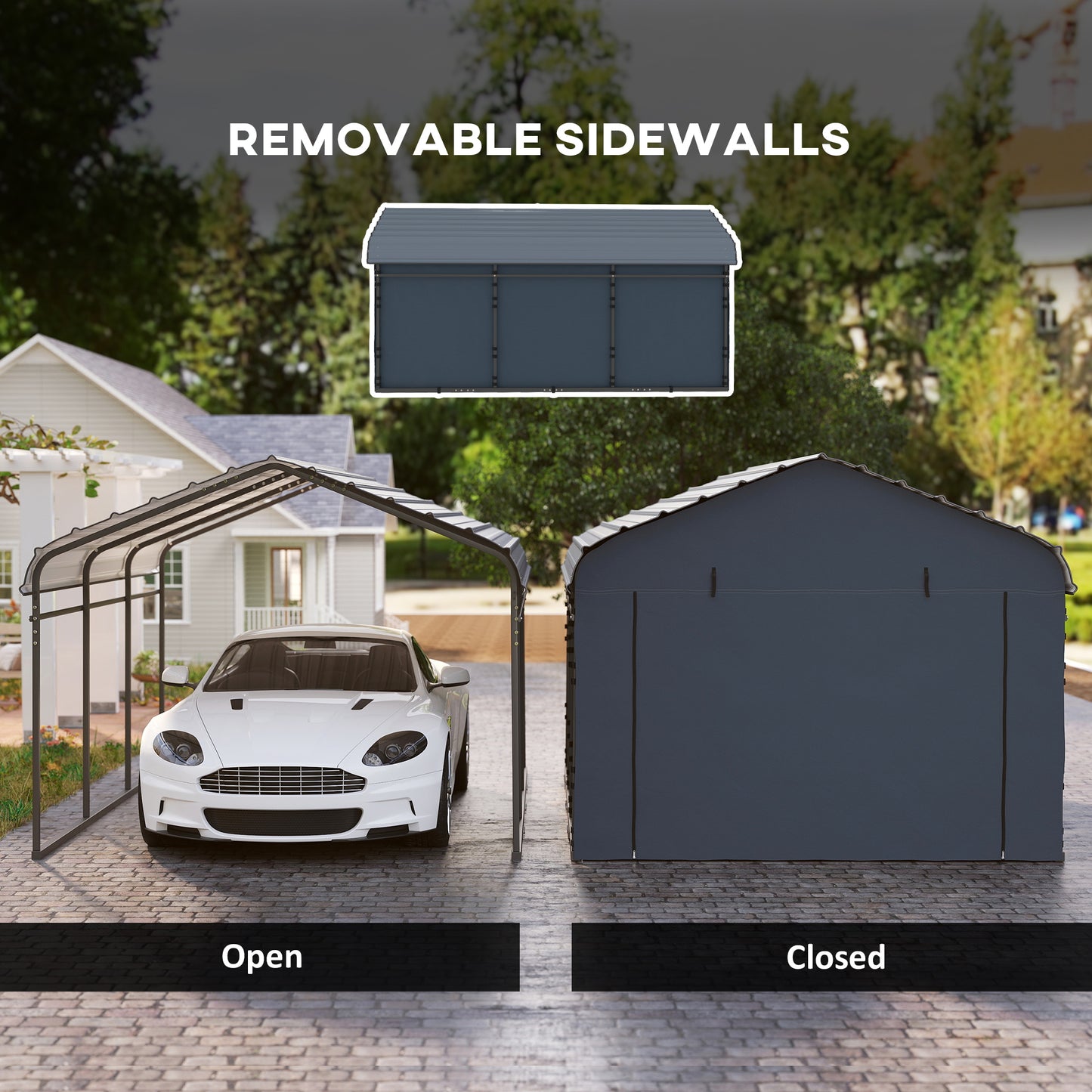 Metal Carport, Heavy Duty Garage Car Shelter with Galvanized Metal Roof and Removable Sidewalls, Light Grey