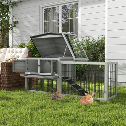 Light Grey Wood Rabbit Hutch with Ramp & Openable Roof