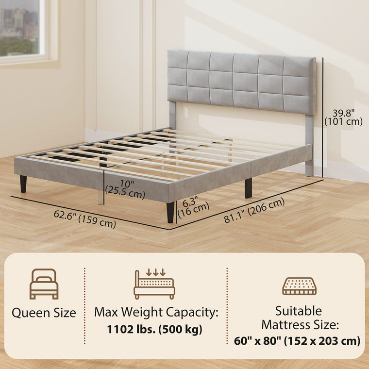 Queen Platform Bed Frame with Upholstered Headboard