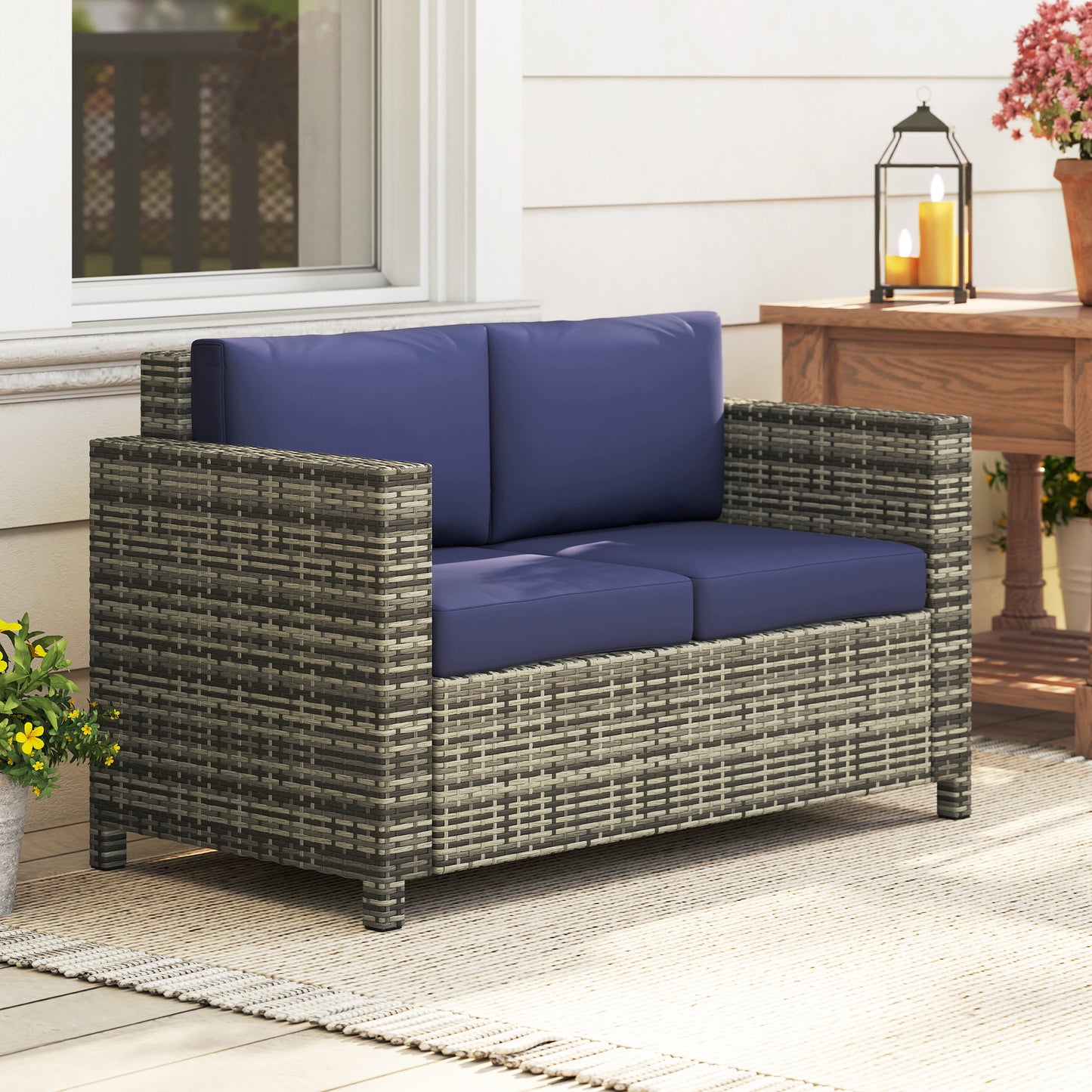 Wicker Outdoor Sofa, All Weather Patio Couch Loveseat with Cushions for Balcony, Deck, Garden, Poolside, Dark Blue