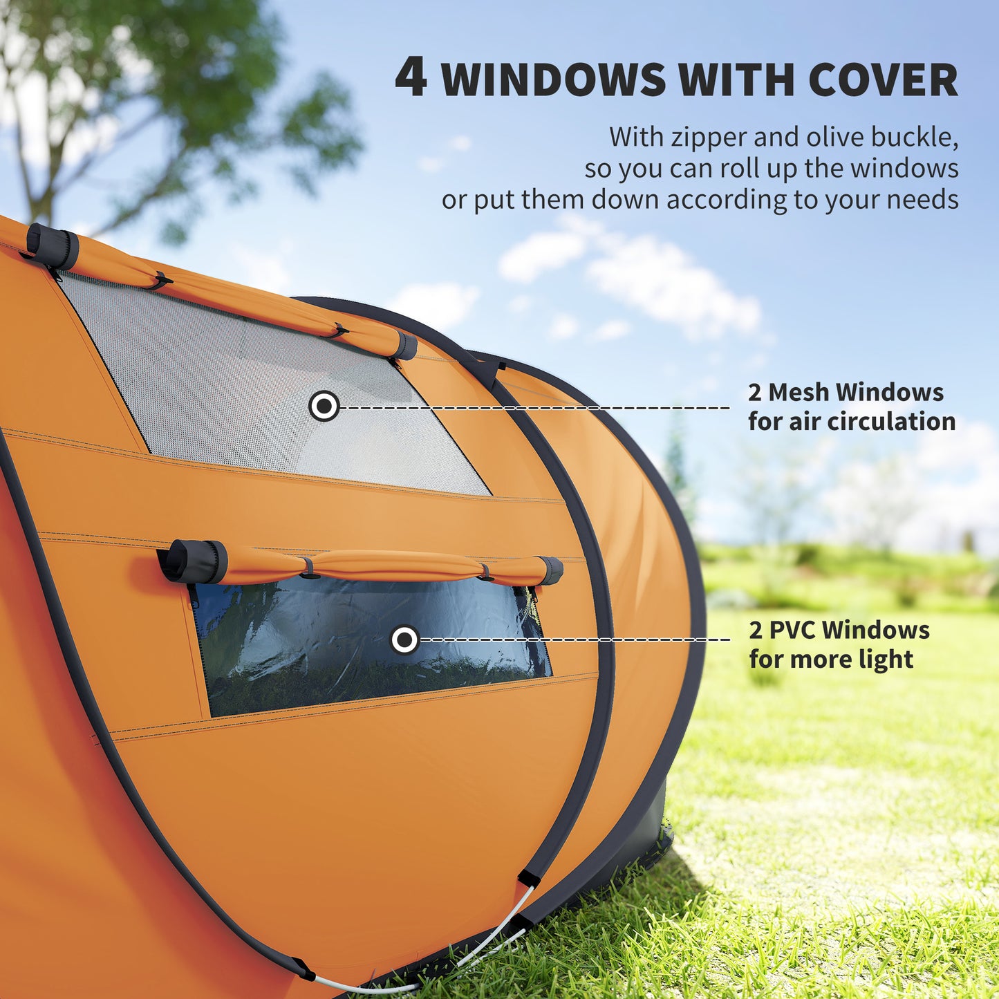 4 Person Camping Tent, Easy Pop Up Tent with Doors, Windows and Carry Bag, Automatic Setup Tent for Hiking, Orange