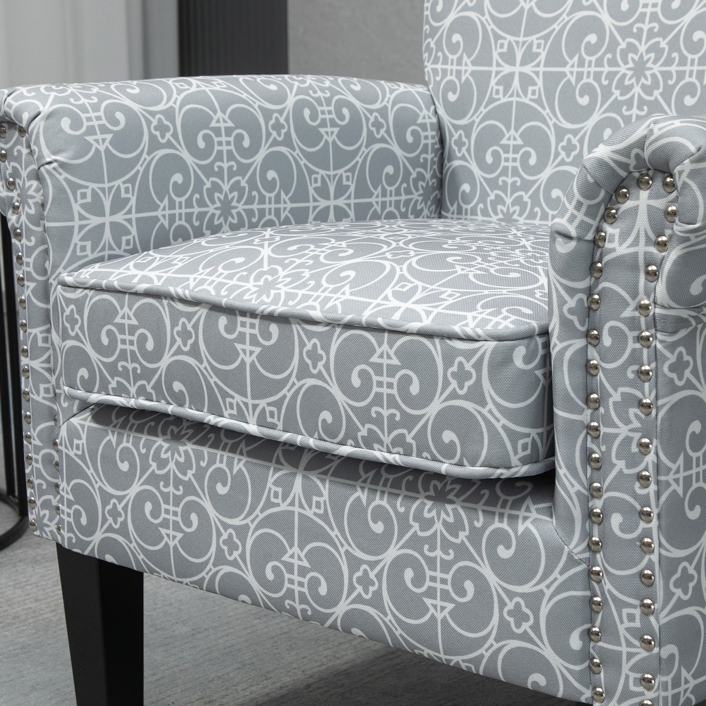 Upholstered Accent Chair, Single Armchair with Soft Linen Touch Fabric, Rolled Armrest with Nailhead Trim, Grey