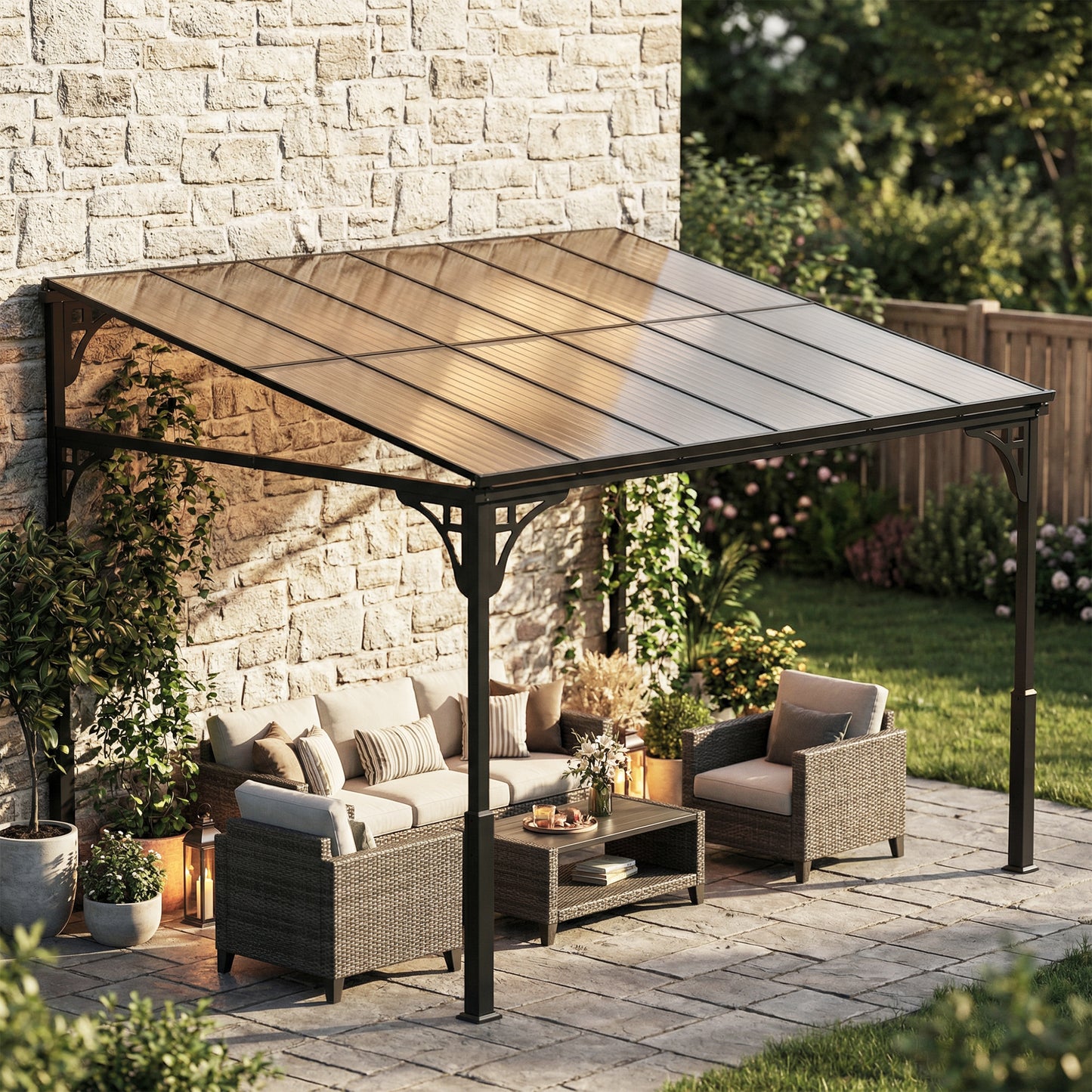 11' x 10' Outdoor Pergola, Wall Mounted Hardtop Lean-to Gazebo with Polycarbonate Roof and Metal-Aluminium Frame