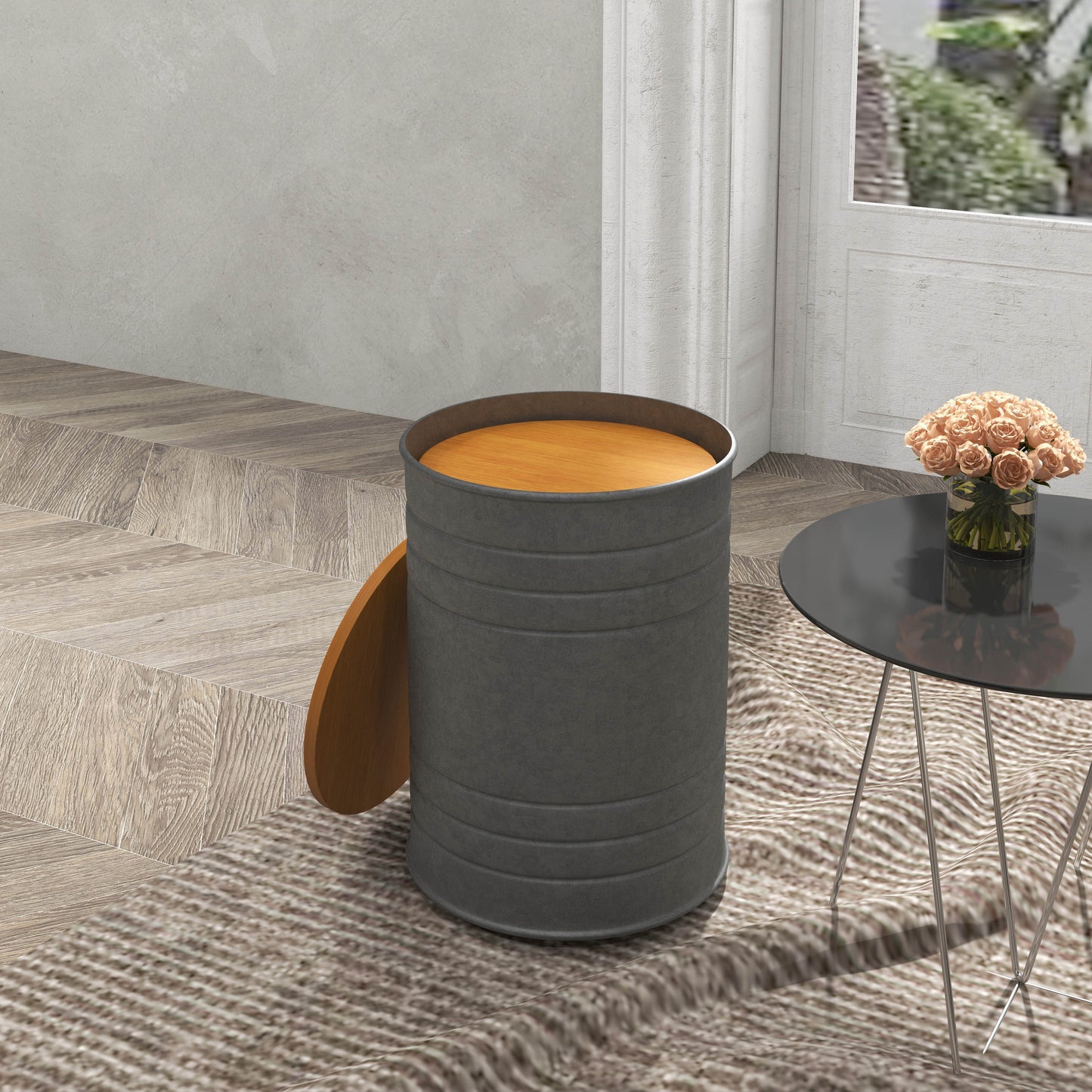 Round Side Table Set of 2, Nesting Coffee Tables w/ Wooden Lid, Galvanized Sheet Frame and Hidden Storage Space, Grey