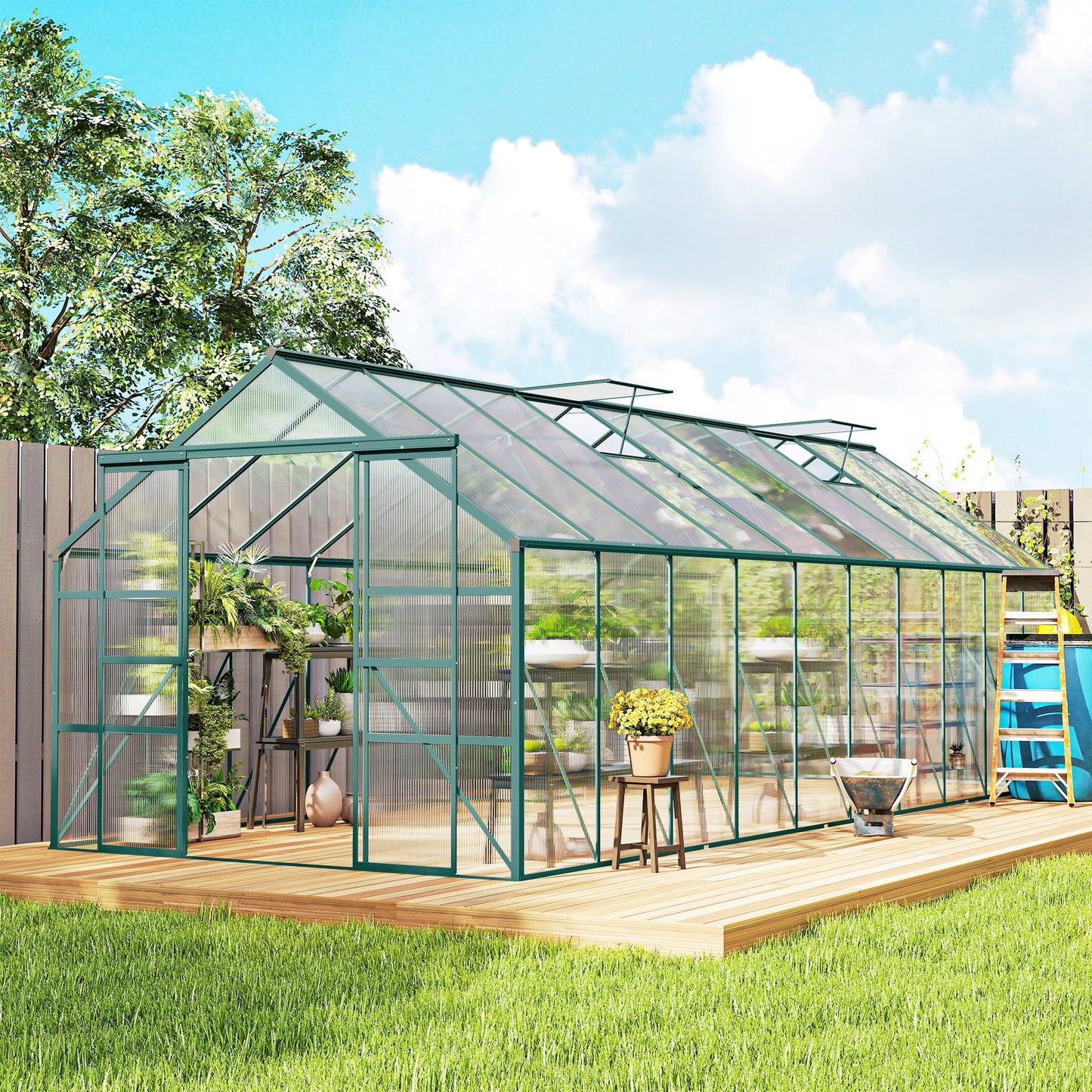 Aluminum Greenhouse Polycarbonate Walk-in Garden Greenhouse Kit with Rain Gutter and Sliding Door, 20' x 8', Green