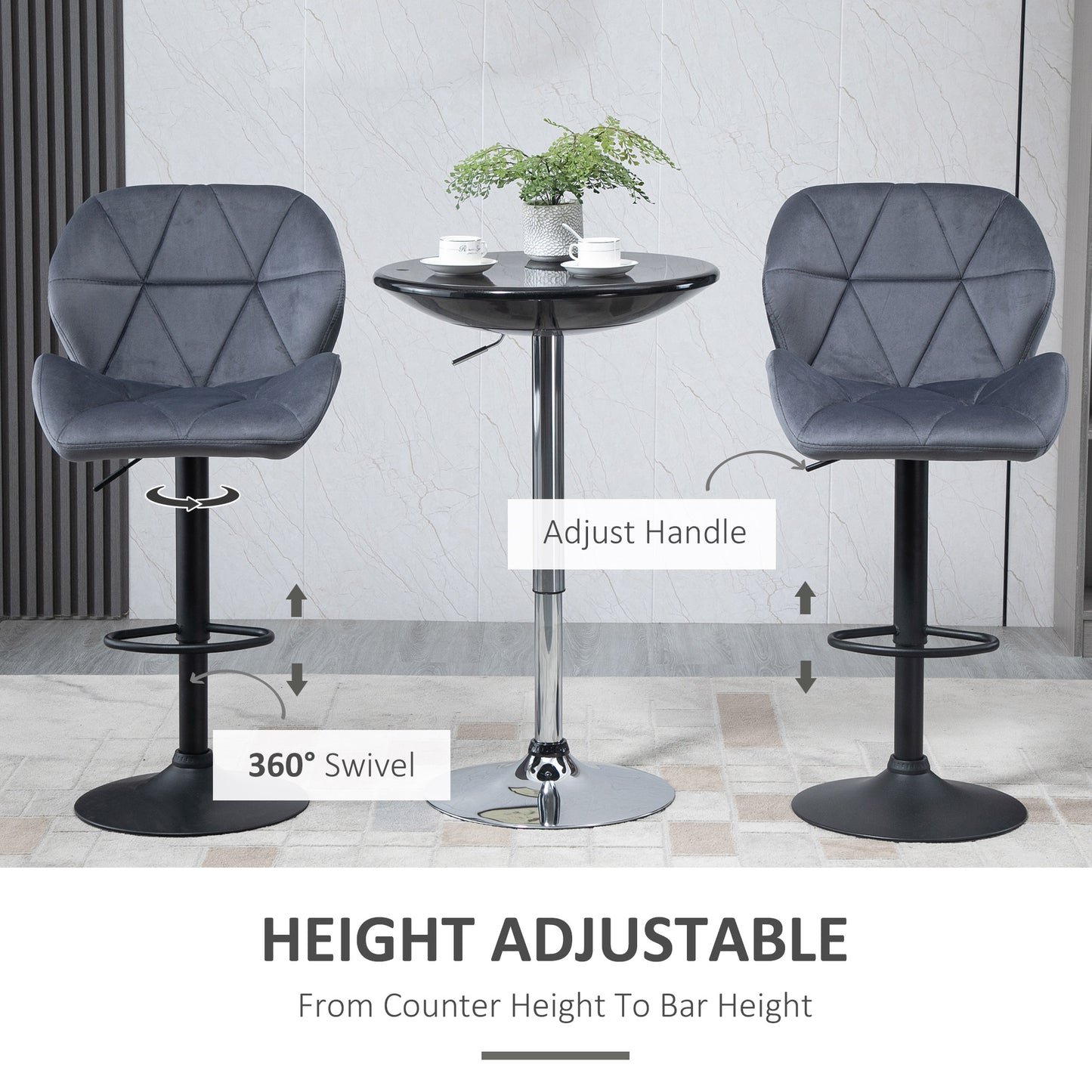 Bar Stool Set of 2 Fabric Adjustable Height Armless Upholstered Counter Chairs with Swivel Seat, Grey