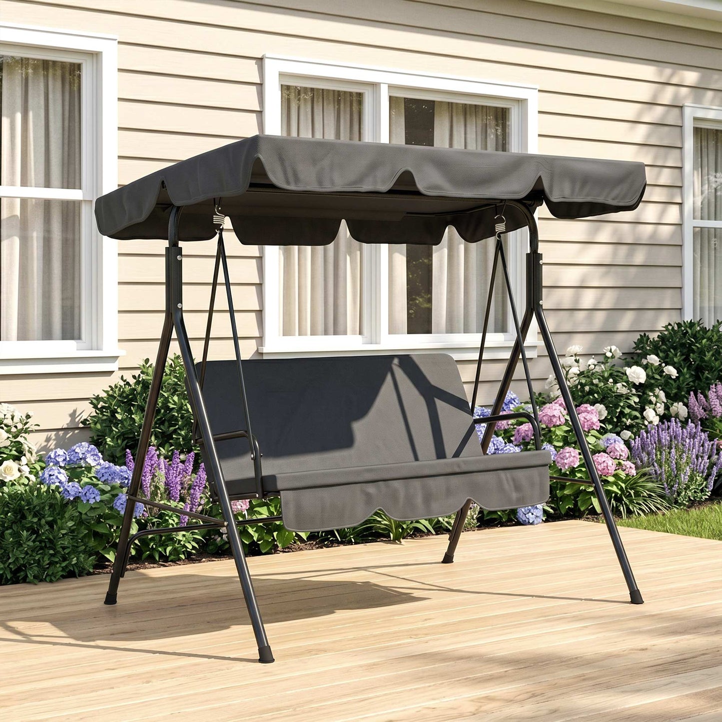 3-Seater Outdoor Porch Swing with Adjustable Canopy, Patio Swing Chair for Garden, Poolside, Backyard, Red