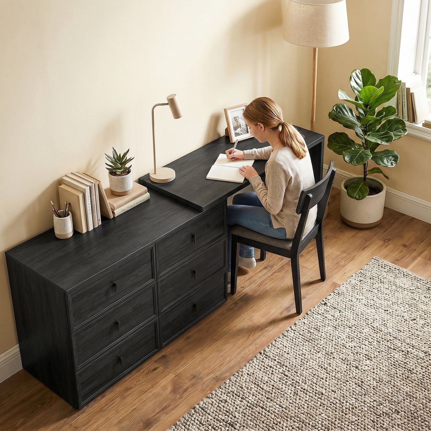 L Shaped Computer Desk Home Office Desk with 6 Drawers Black Wood Grain