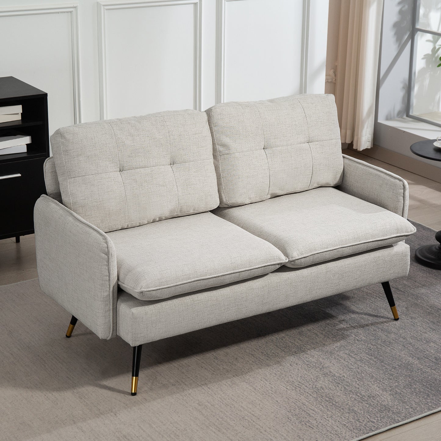 55" Loveseat Sofa, Linen Love Seat w/ S spring, Steel Legs and Button Tufting, Small Couch for Living Room, Cream White