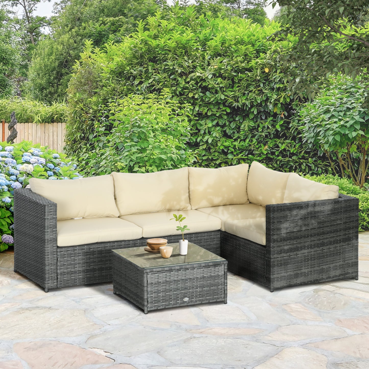 3 Pieces Rattan Wicker Outdoor Conversation Furniture Set w/ Loveseats Coffee Table Cushions for Garden, Patio, Beige - Beige