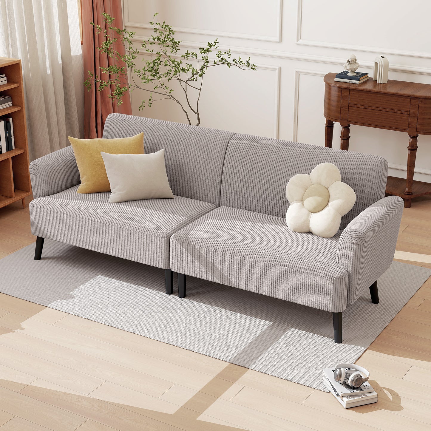 Modern Couch, 3 Seater Sofa, Corduroy Loveseat with Rubberwood Legs and Extra-Wide Seat, Light Grey