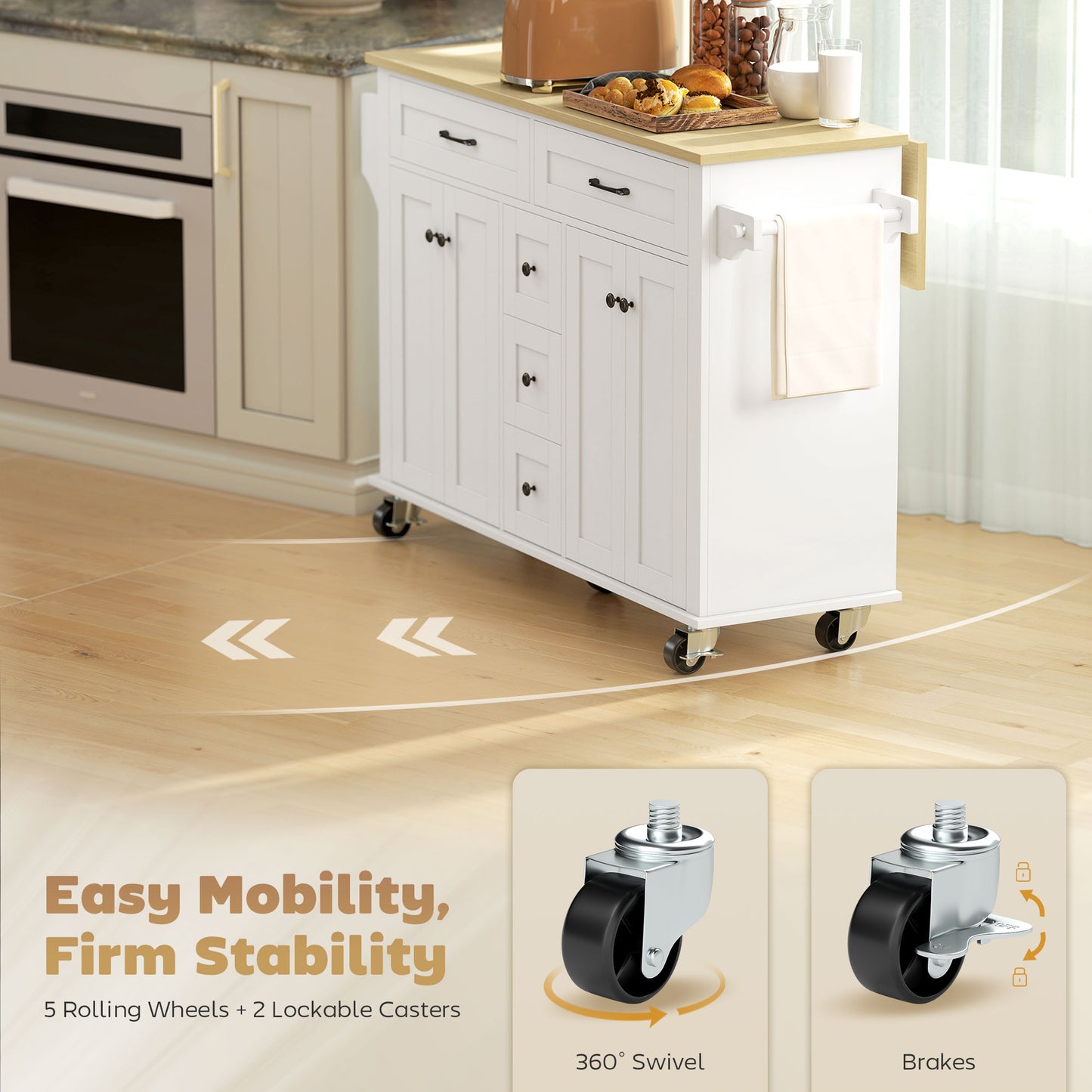 Kitchen Island Cart with Power Outlet & Drop Leaf, 55" Rolling Kitchen Island on Wheels with Storage, White