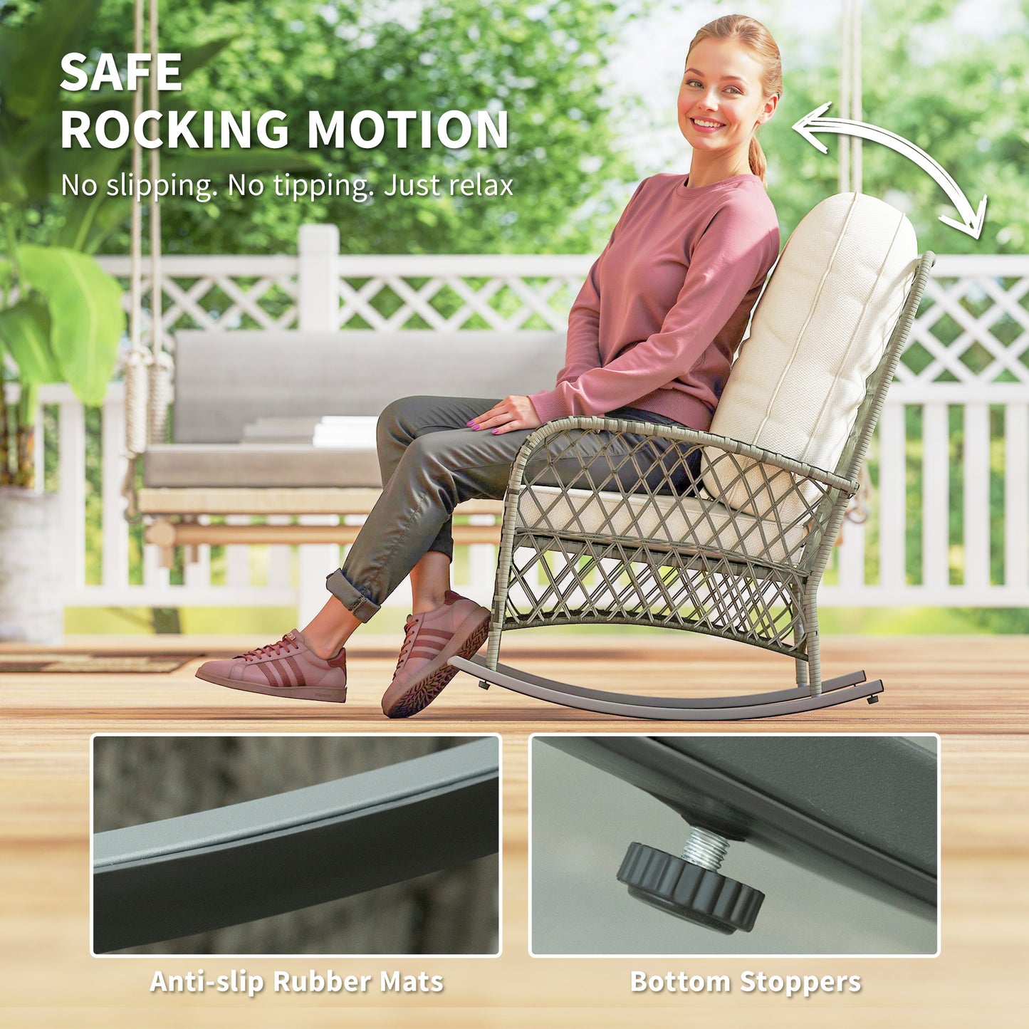Rattan Rocking Chair, Outdoor Wicker Patio Rocker Chair Furniture with Thick Cushions, for Garden Backyard Porch, Khaki