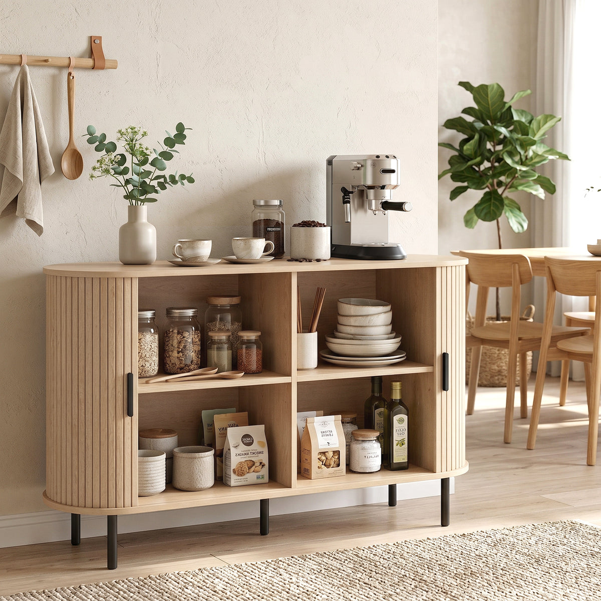 Fluted Sideboard Buffet Cabinet, 55" Mid Century Coffee Bar Cabinet with Sliding Doors and Adjustable Shelves, Natural