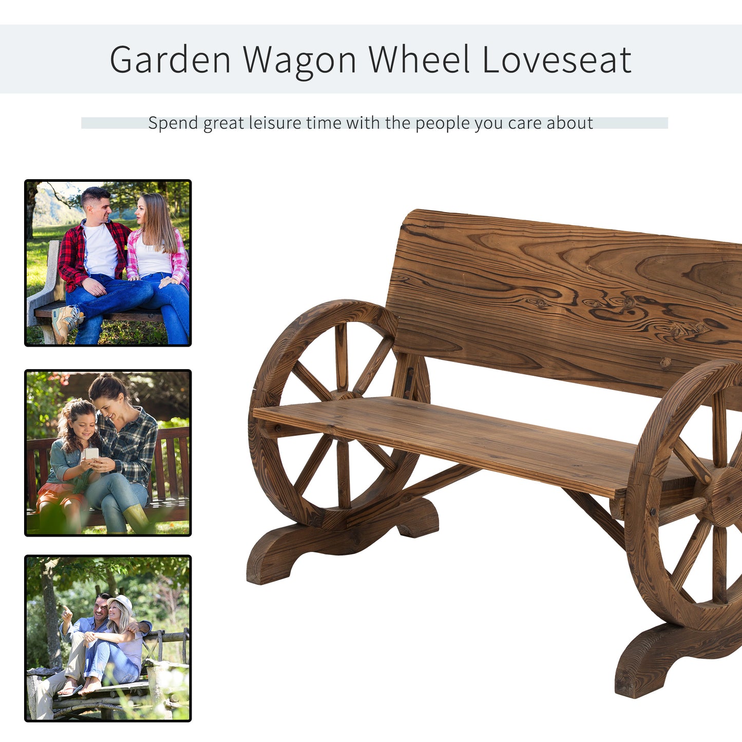 Wooden Wagon Wheel Bench Rustic Design 2 Seater Garden Outdoor Chair High Back Loveseat