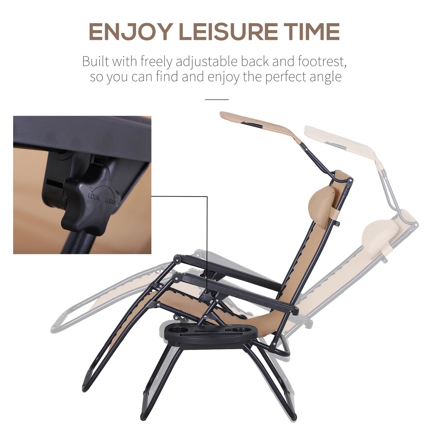 Outdoor Zero Gravity Reclining Lounger Chair with Canopy Shade, Side Tray, Cupholder, Beige