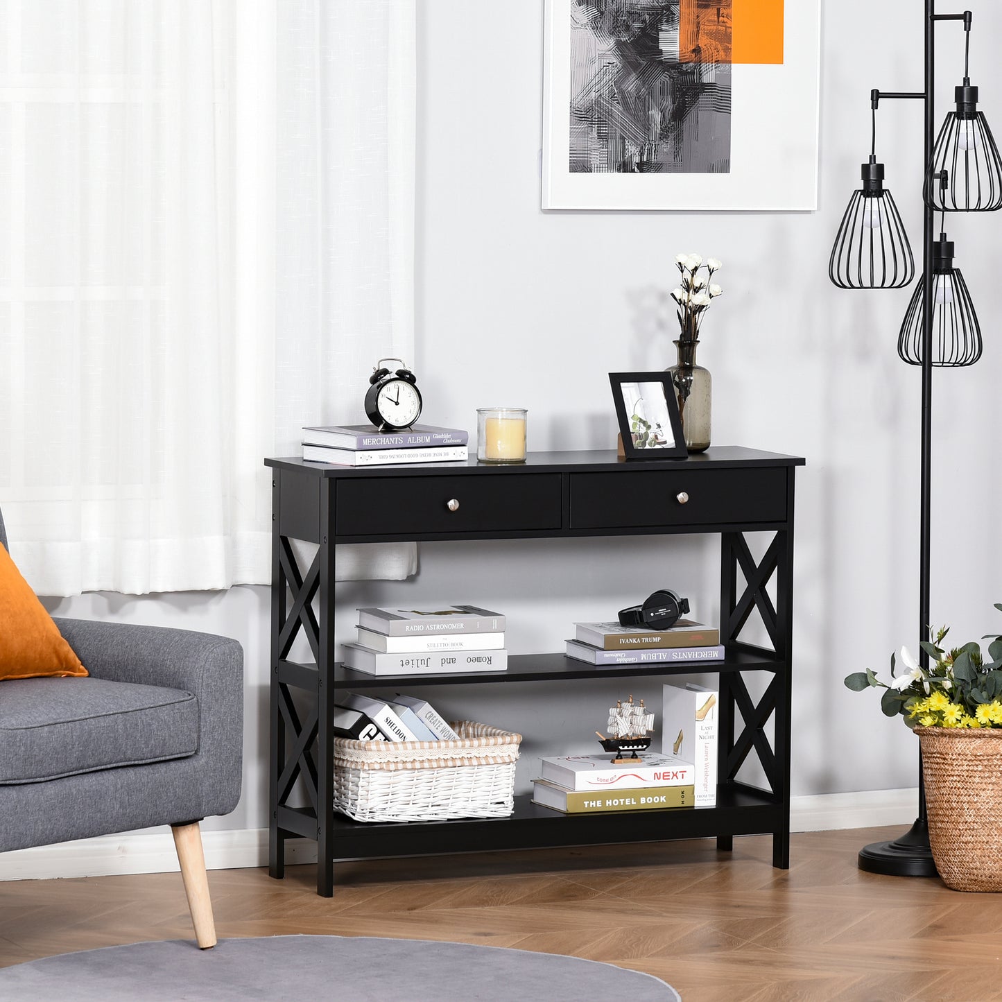 39" Console Table, Narrow Entryway Table with Storage Shelves, Drawers and X Frame for Behind Couch, Living Room, Hallway, Black