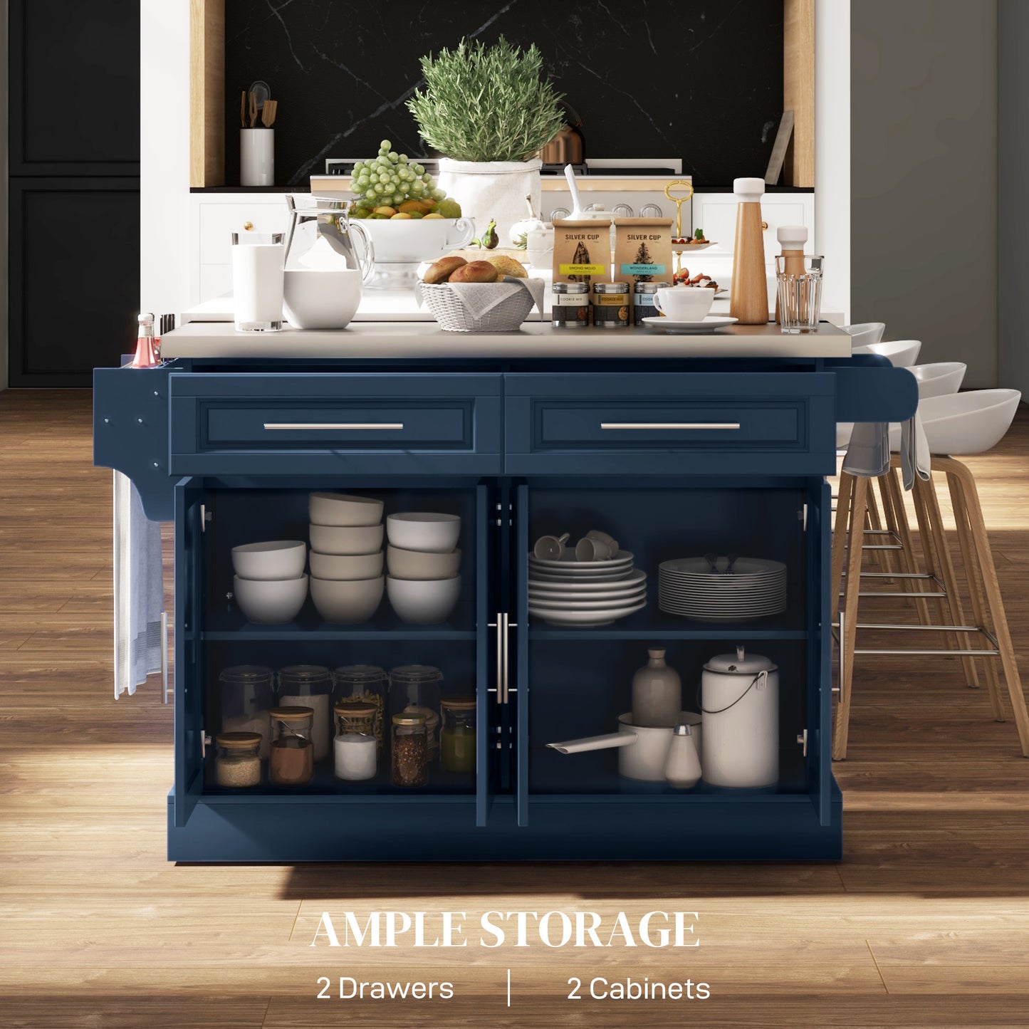 Rolling Kitchen Island with Stainless Steel Top, Kitchen Trolley with 2 Drawers, Cabinets, Towel/Spice/Knife Rack, Blue