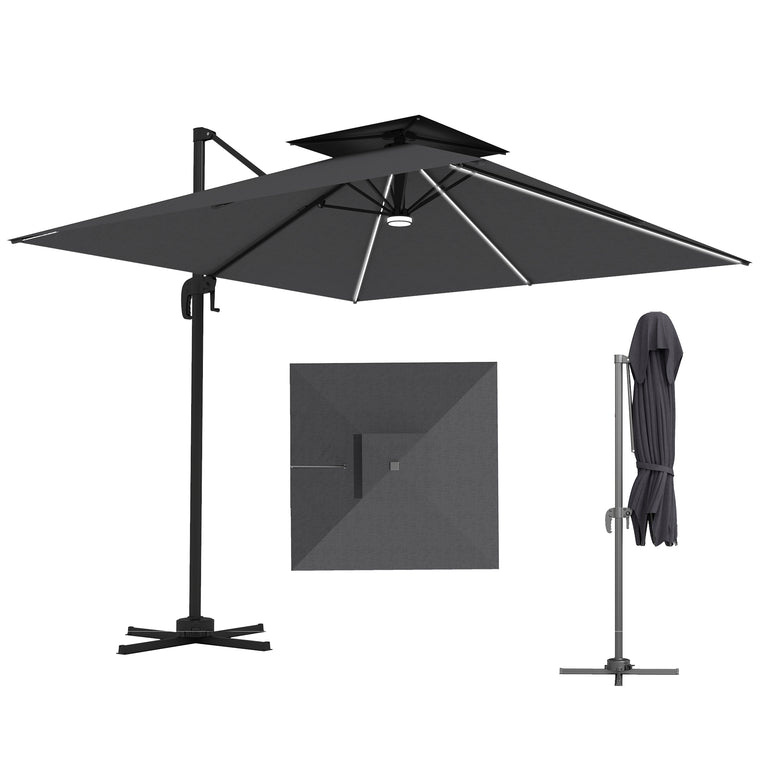8' Dark Grey Cantilever Umbrella with LED Lights & 360° Rotation