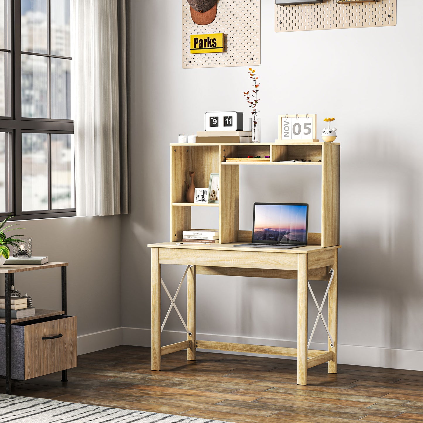 Computer Desk with Hutch, Home Office Table with Storage Shelves and Open Compartments for Writing, Work, Oak