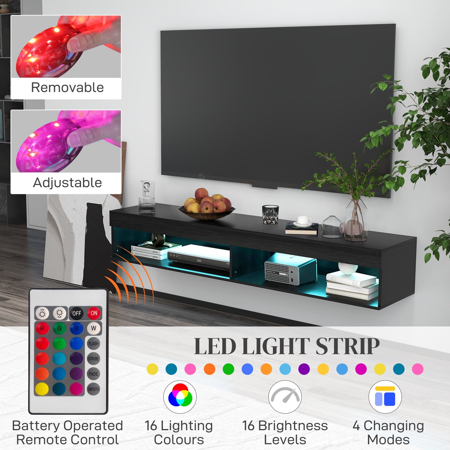 Modern Wall Mounted TV Stand with Storage and LED Lights for TVs up to 75", Floating TV Shelf for Living Room, Black