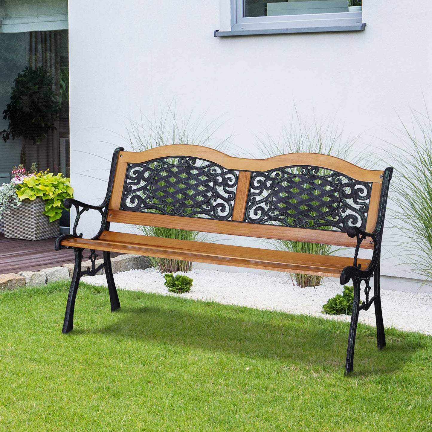 50" Outdoor Garden Bench, Park Patio Bench Loveseat, Wood & Metal Frame with Plastic Flourish Backrest, Natural Wood