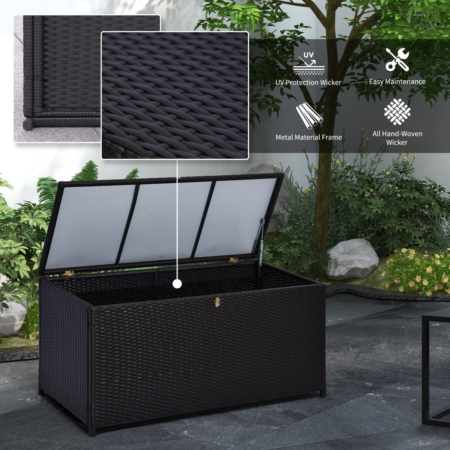 Wicker Outdoor Storage Box, 75 Gallon Deck Box with Gas Strut and Clamp Lid, Rattan Patio Storage Container for Gardening Tools, Pool Supplies, Dark Brown