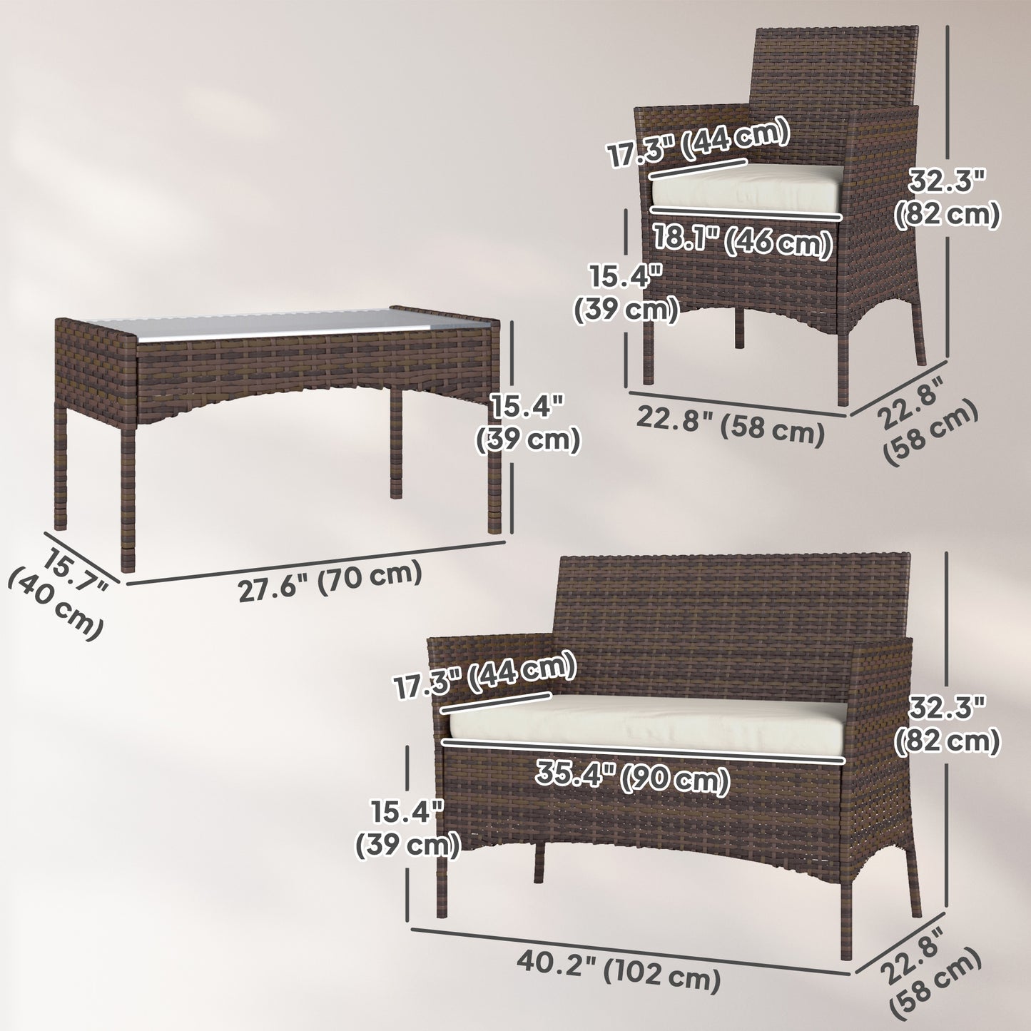 4 Pieces Wicker Outdoor Balcony Furniture Set Rattan Patio Furniture Set with Loveseat Chairs Glass Coffee Table Beige