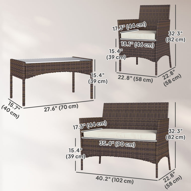 4-Piece Rattan Wicker Set with Loveseat & Glass Table