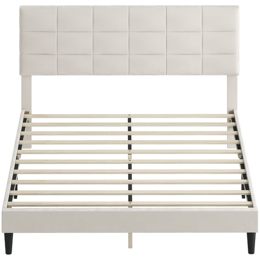 Queen Platform Bed Frame with Upholstered Headboard - Cream
