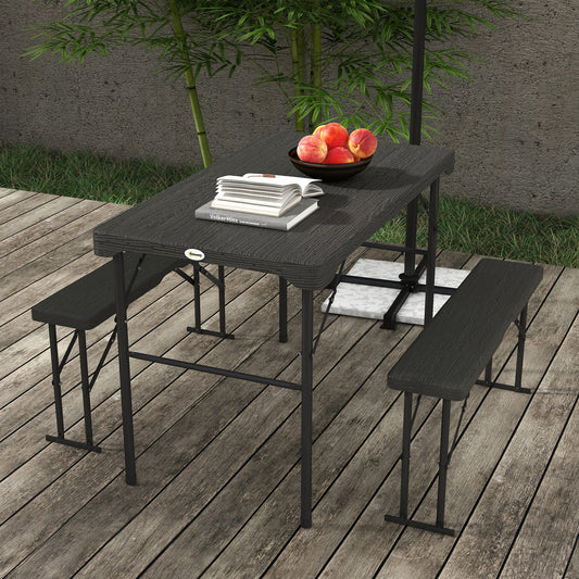 Folding Picnic Table with 2 Benches, 3-Piece Portable Outdoor Picnic Table Bench Set for 4, Patio Dining Table Set with Plastic Top, Steel Frame for Garden, Dark Grey