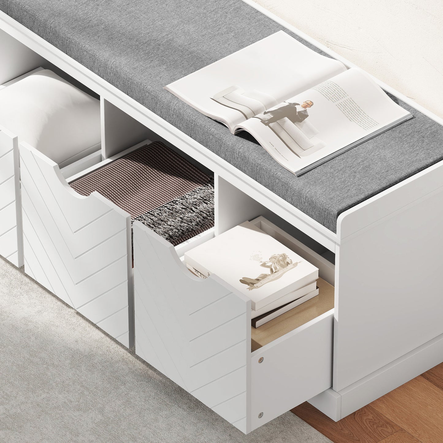 Shoe Storage Bench, Linen-Look Entryway Bench with 3 Removable Drawers and Padded Seat Cushion for Hallway, White