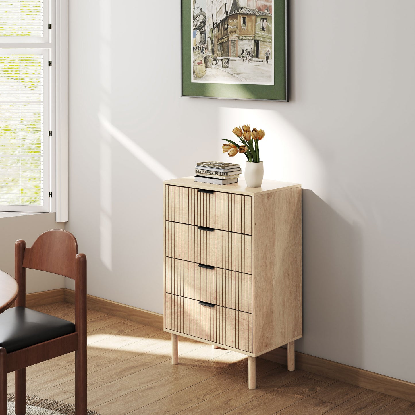 Chest of Drawers, 4 Drawer Dresser with Fluted Panels and Solid Wood Legs, Storage Cabinet for Living Room, Oak
