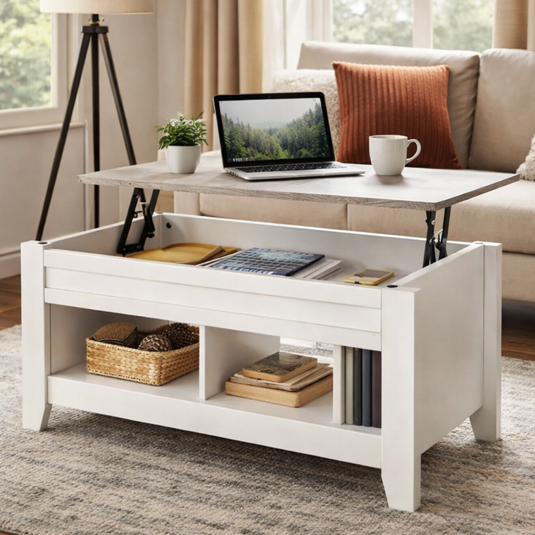 Lift-Top Coffee Table with Hidden Storage & Open Shelves