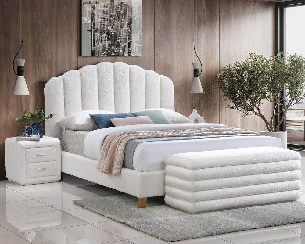 Valentina Soft White Teddy Bear Fabric Platform Bed Set