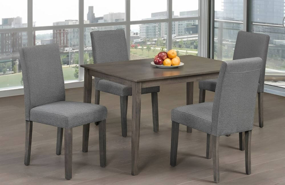 Sturdy Grey Finish Table Set with Sophisticated Grey Linen Seats / Bonded Leather