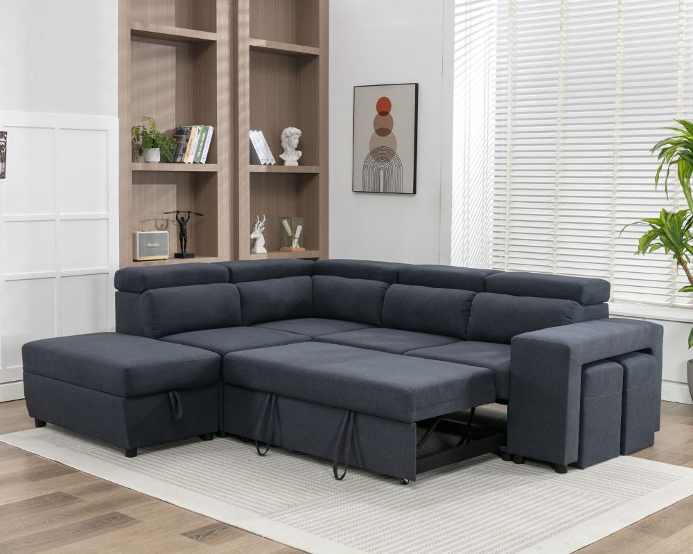 Bel Air Large Sleeper Sectional Sofa Bed with Storage Ottoman and 2 Stools