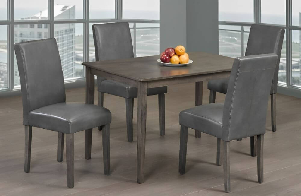 Sturdy Grey Finish Table Set with Sophisticated Grey Linen Seats / Bonded Leather