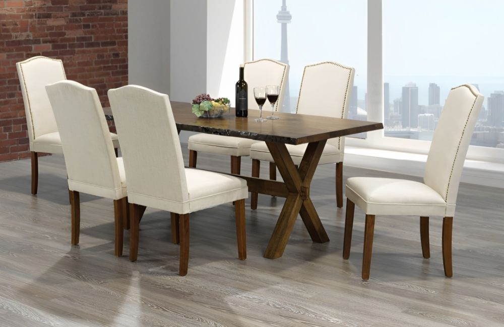 Dining Set with Beige Linen Chairs and Nailhead Trim