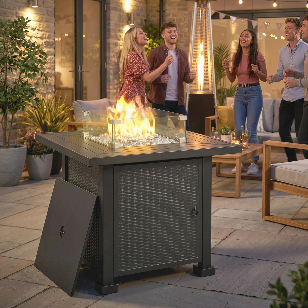 32" Propane Fire Pit Table with Wind Guard and Lid