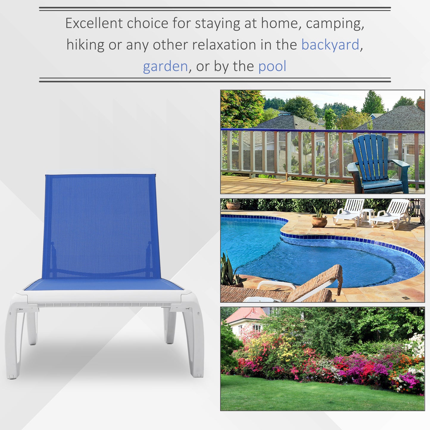 Outdoor Chaise Lounge Chair, Patio Aluminum Tanning Chair with 5-Level Adjustable Back, Portable Wheels, Breathable Mesh Fabric, for Pool, Deck, Garden, Blue