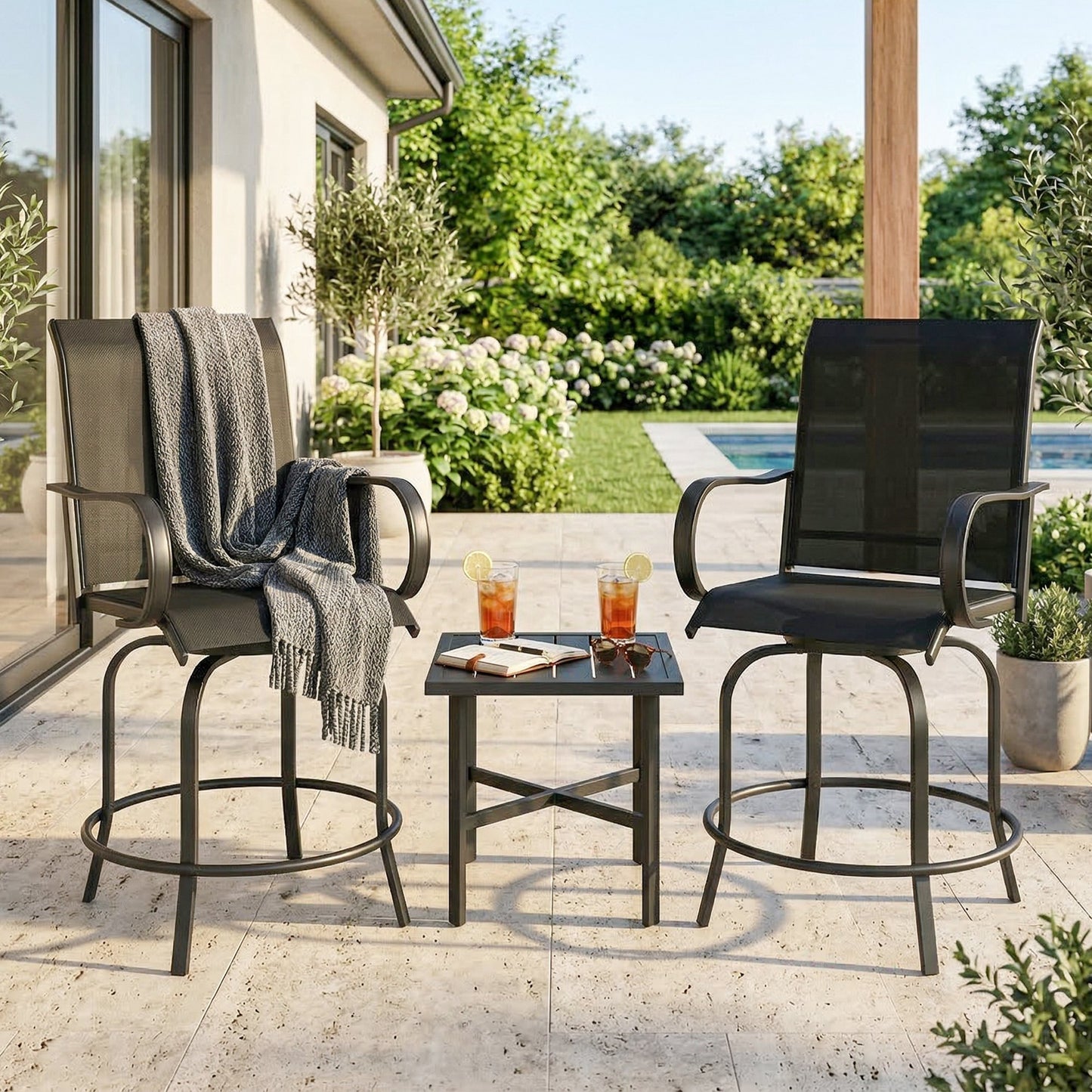 Outdoor Bar Stools Set of 2, 360° Swivel Bar Height Chairs, 26.8" x 29.5" x 48.4", Black