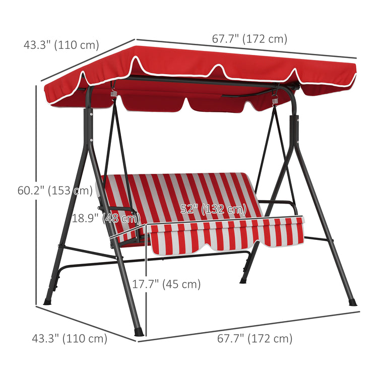 3-Seater Porch Swing Chair with Adjustable Canopy - Red