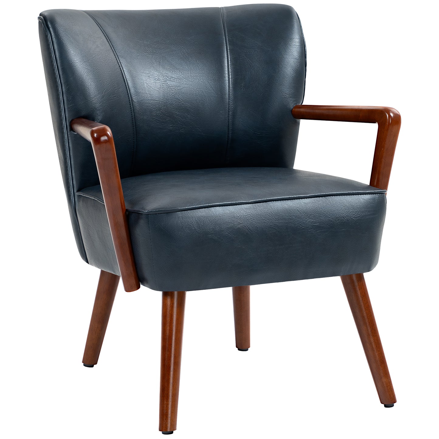 Accent Chair, Modern Armchair, Faux Leather Upholstered Living Room Chair with Wood Legs and Wide Padded Seat, Blue