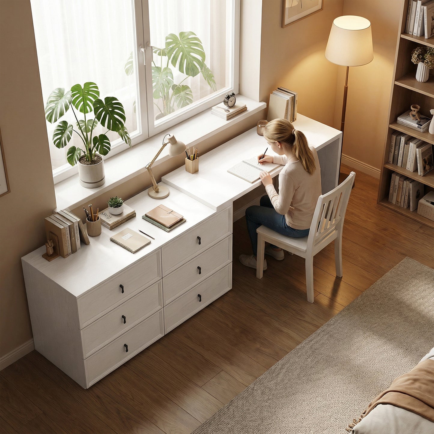 L Shaped Computer Desk Home Office Desk with 6 Drawers White Wood Grain