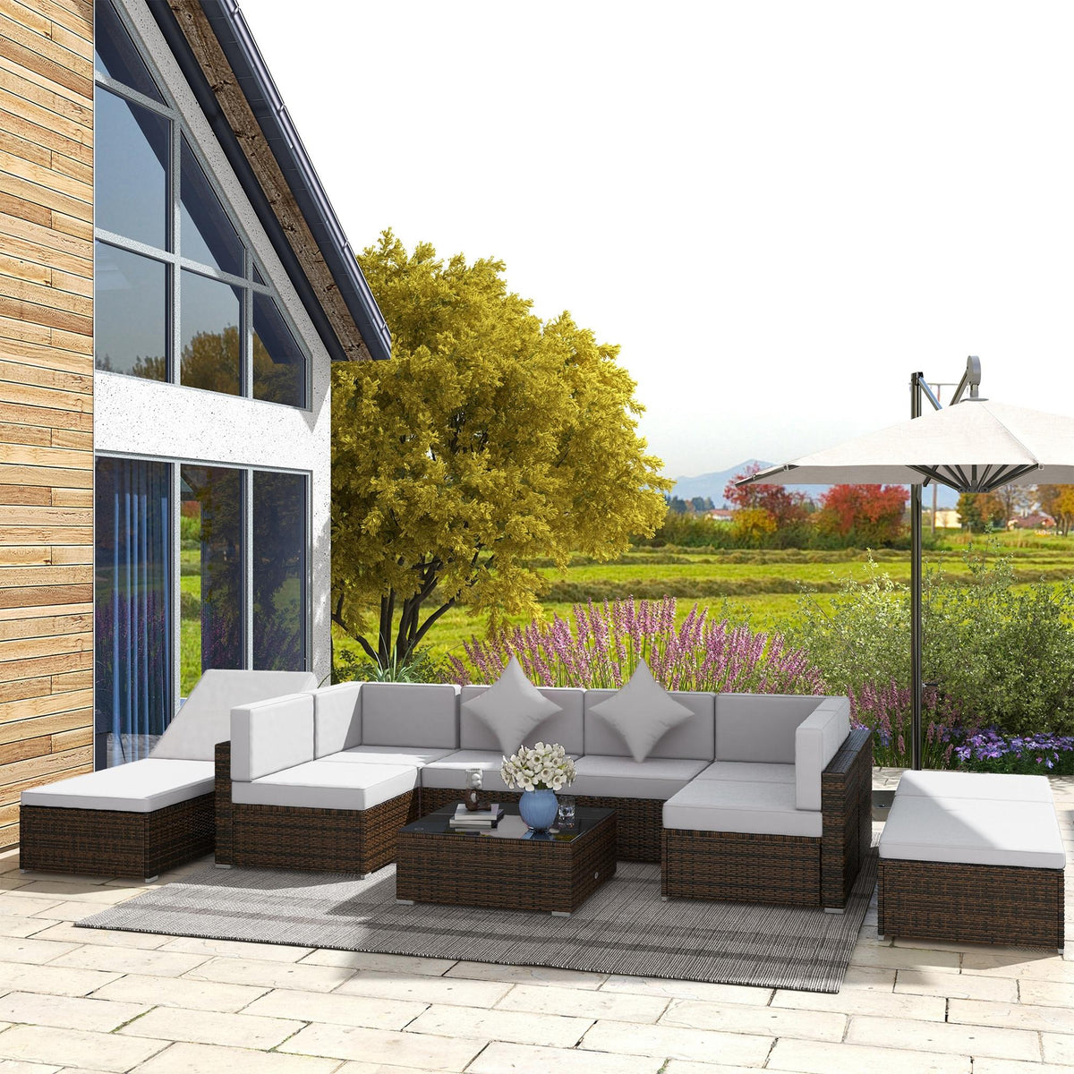 9 Pieces Wicker Patio Furniture Set with Cushion, Light Grey