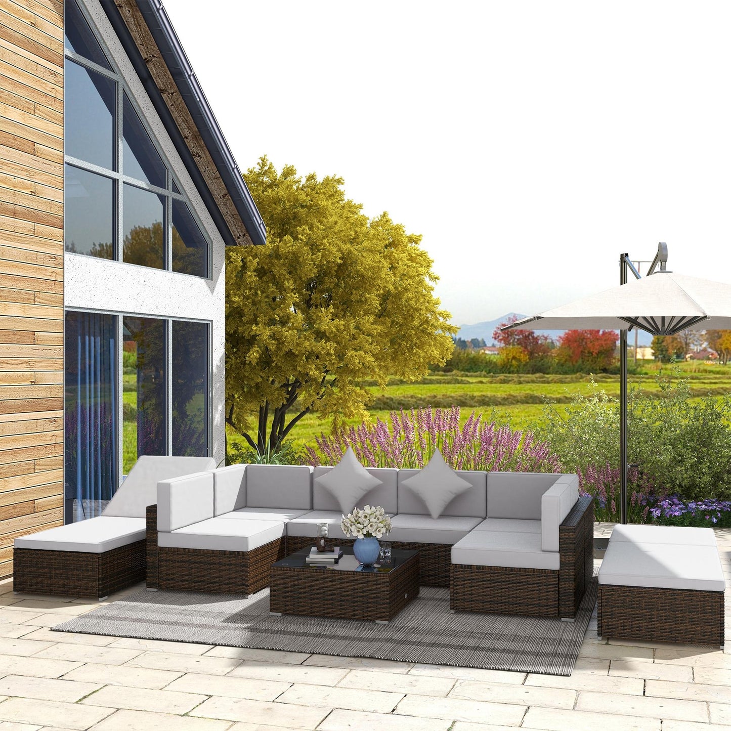 9 Pieces Wicker Patio Furniture Set with Cushion, Light Grey
