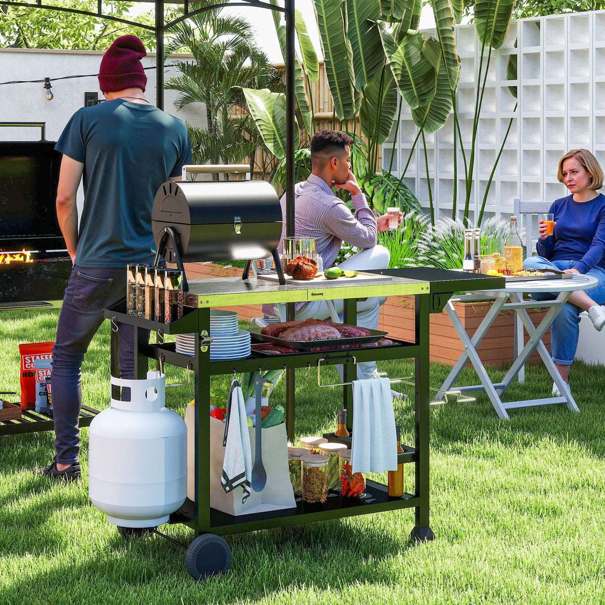 3-Shelf Grill Cart with Foldable Side Table & Stainless Steel Top