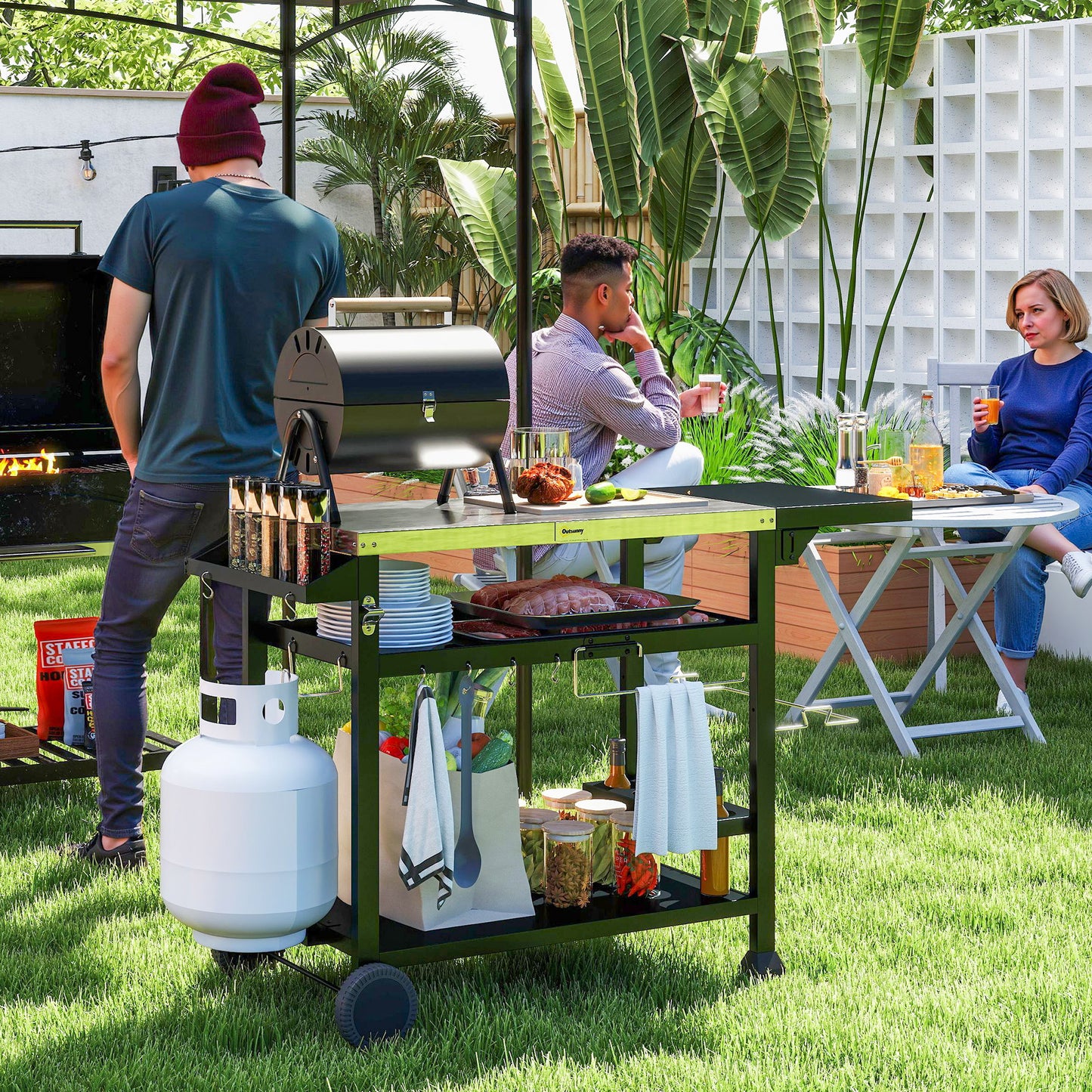 3-Shelf Grill Cart with Foldable Side Table & Stainless Steel Top