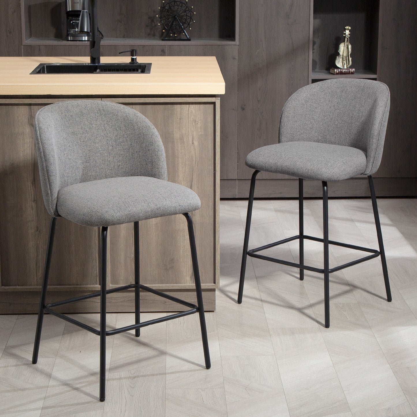 Set of 2 Counter Height Barstools, Upholstered Linen Bar Stools with Backrest, Footrest and Steel Legs, Dark Grey